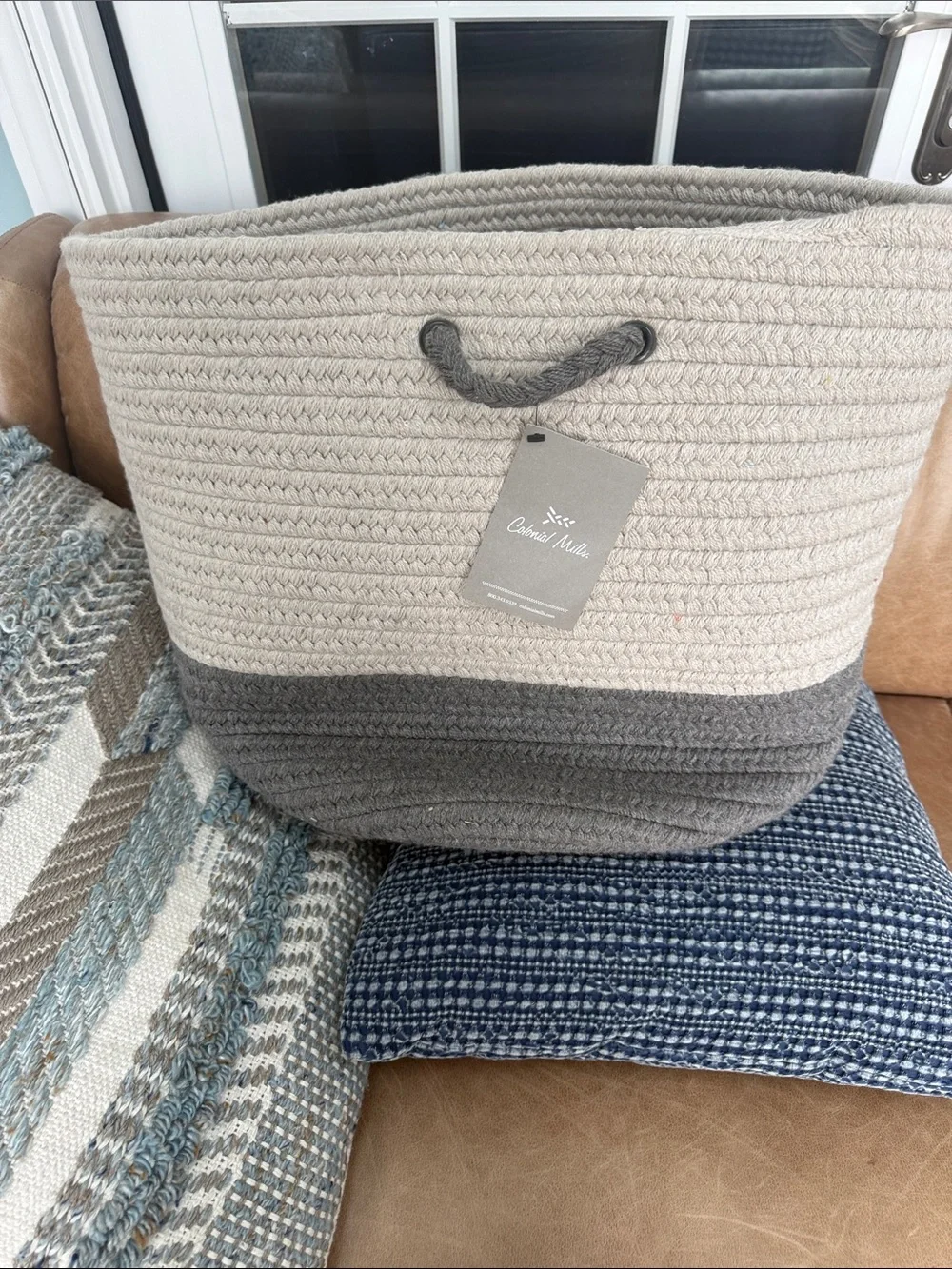 Two-Tone Braided Storage Basket in Cream and Gray -